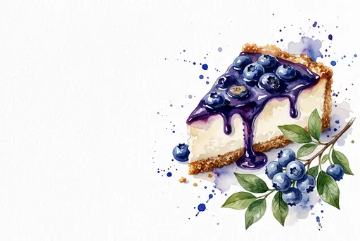 Watercolor Blueberry Cheesecake Slice with Copy Space