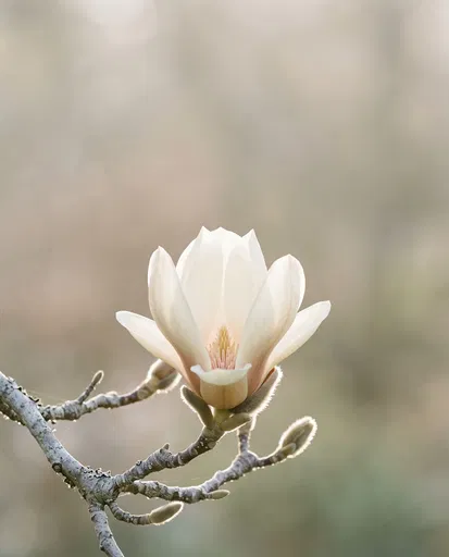 Backlit White Magnolia Blossom on Branch