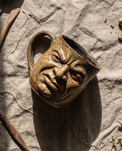 Handcrafted Ceramic Mug With Grimacing Face