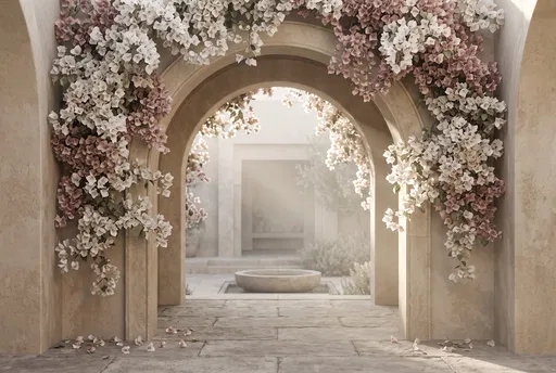 Stone Archway with Pink and White Bougainvillea