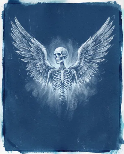White Chalk Winged Skeleton on Blue