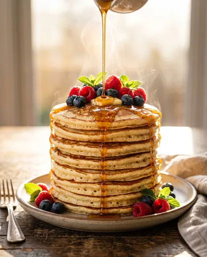 Tall Pancake Stack With Berries and Syrup
