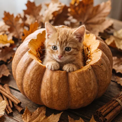 Orange Kitten Inside Carved Autumn Pumpkin