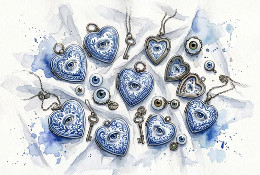 Watercolor Blue Ceramic Eye Heart Lockets