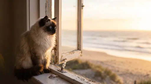 Fluffy Cat Looking Out Beach Window