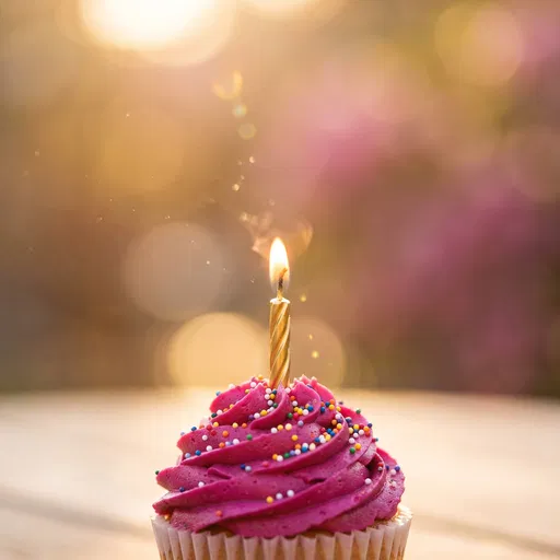 Magenta Birthday Cupcake With Lit Candle