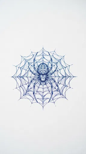 Blue Ink Spider and Web Drawing