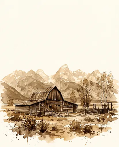 Sepia Watercolor Barn and Mountain Landscape