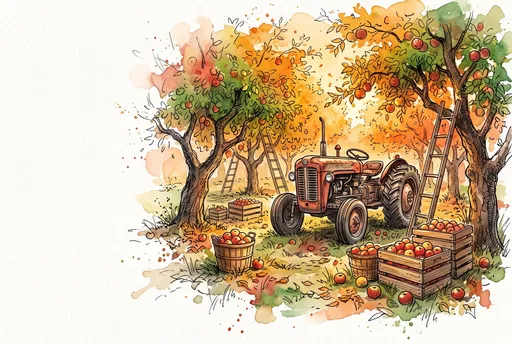 Watercolor Autumn Apple Orchard Harvest with Tractor
