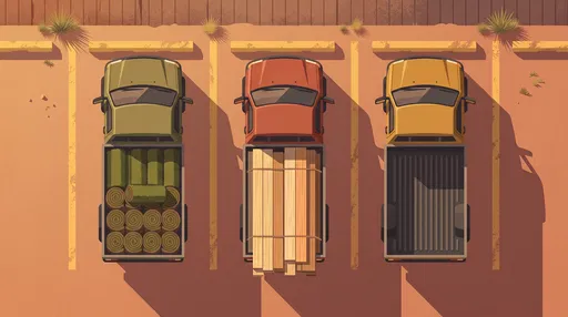 Top-Down Illustration of Three Parked Pickup Trucks