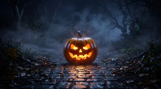 Glowing Jack-O'-Lantern on Misty Cobblestone Path