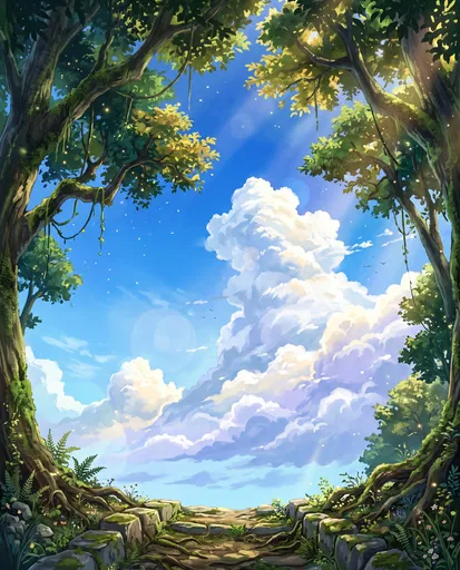 Anime Forest Path Under Summer Sky