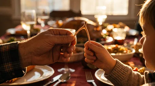 Father and Son Pulling Turkey Wishbone
