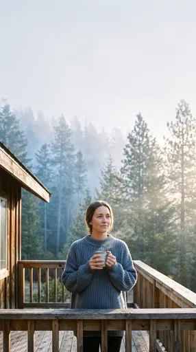 Woman Holding Mug on Misty Cabin Porch