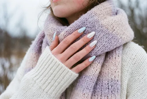 Winter Pastel Almond Nail Art on Scarf