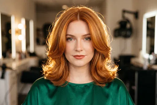 Woman With Copper Blowout Bob in Salon