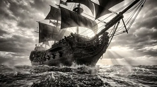Monochrome Pirate Ship on Stormy Seas