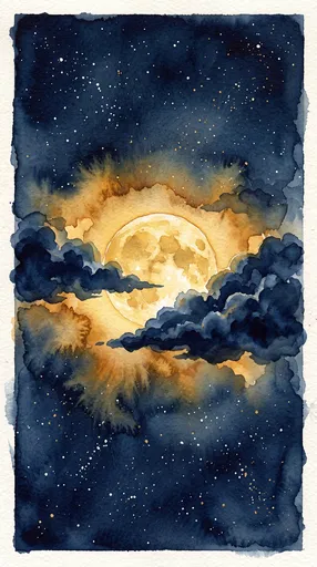 Watercolor Golden Moon and Indigo Clouds