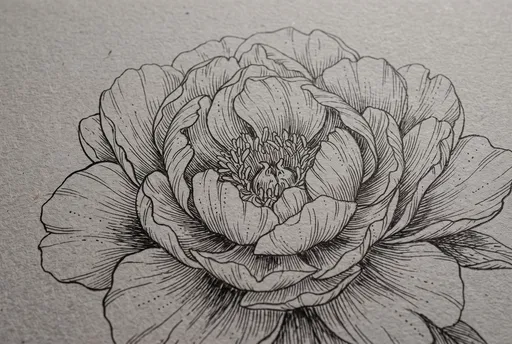 Botanical Ink Line Drawing of Peony