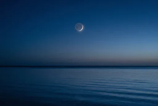 Crescent Moon Over Calm Twilight Ocean