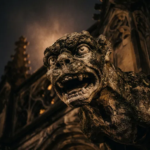 Weathered Stone Gargoyle at Night