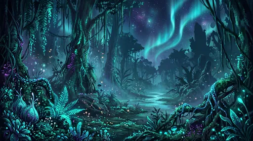 Bioluminescent Alien Jungle Under Aurora Sky