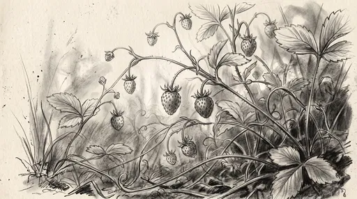 Charcoal Drawing of Wild Strawberries on Vine