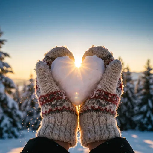 Hands in Mittens Holding Snow Heart