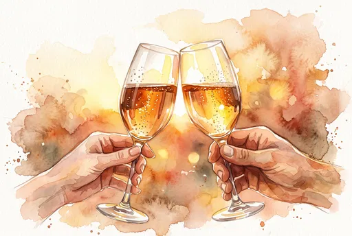 Watercolor Hands Clinking Sparkling Wine Glasses
