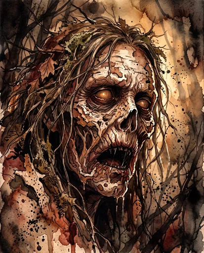 Watercolor Horror Forest Banshee Face Illustration
