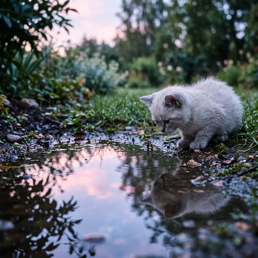Gray Kitten Looking at Puddle Reflection