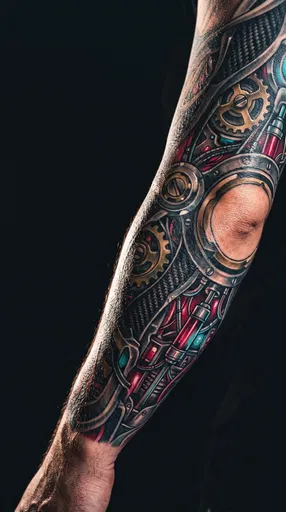 Vibrant Biomechanical Sleeve Tattoo on Forearm