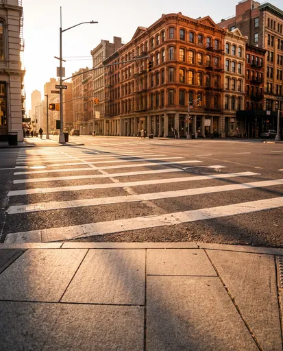 Golden Hour City Crosswalk and Historic Buildings