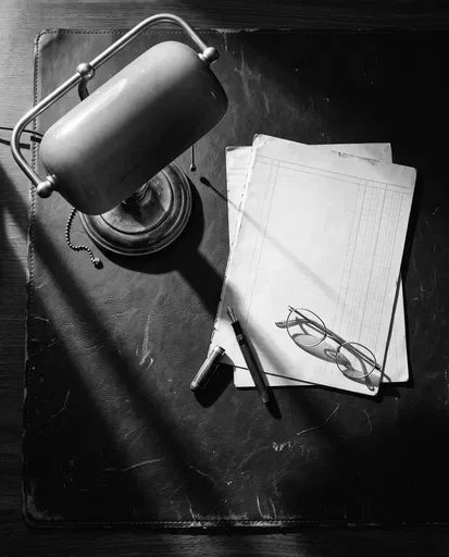 Monochrome Flat Lay of Vintage Banker's Desk