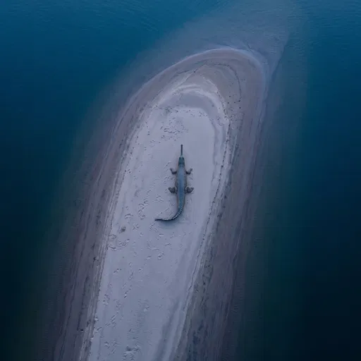 Aerial View of Gharial on Sandbar