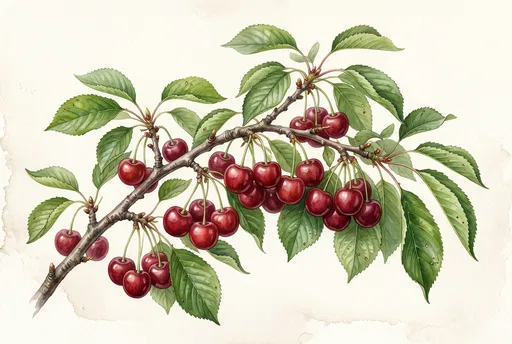 Botanical Watercolor Illustration of Red Cherries