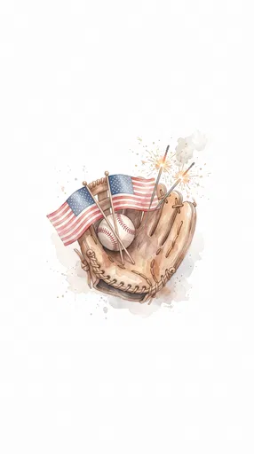 Watercolor Baseball Mitt with Flags and Sparklers