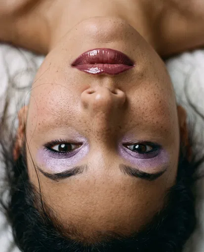 Upside-Down Beauty Portrait with Lilac Eyeshadow