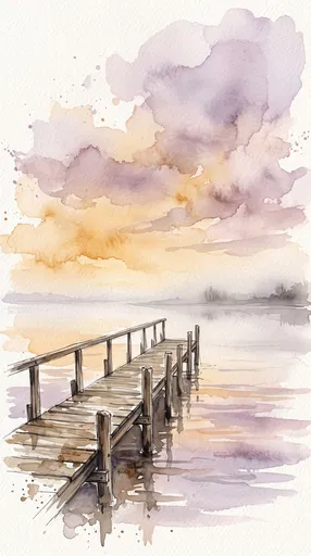 Watercolor Wooden Pier at Sunset