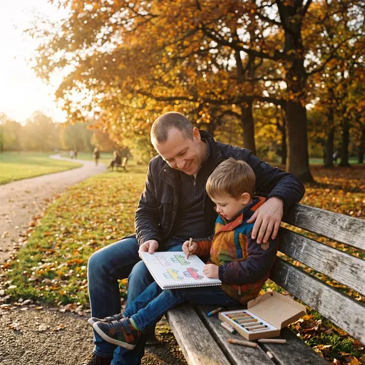 Father and Son Drawing in Autumn Park