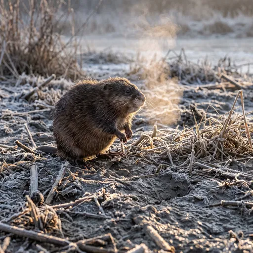 Muskrat on Frosty Mudflat at Sunrise