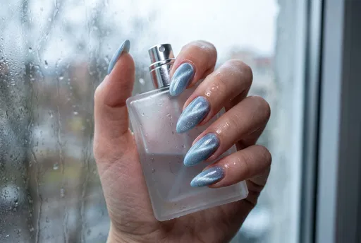 Hand With Blue Cat-Eye Almond Nails