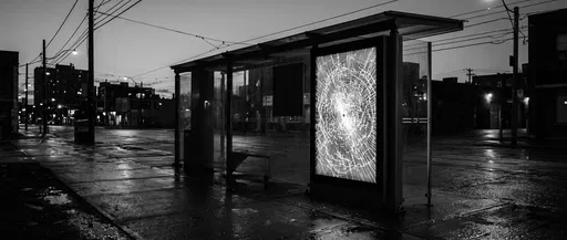 Shattered Bus Shelter Screen at Night