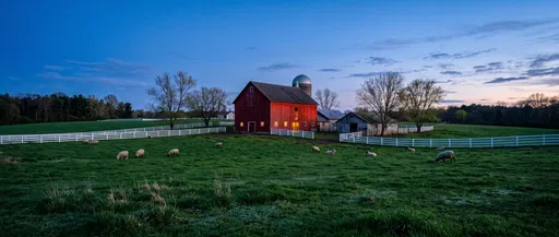 Red Barn and Grazing Sheep at Twilight