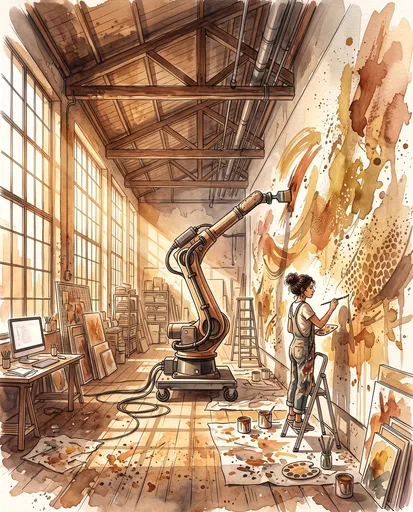 Woman and Robot Painting Studio Mural