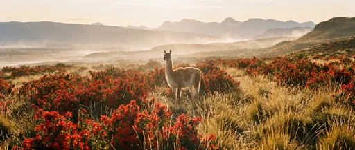 Guanaco in Patagonian Field at Sunrise