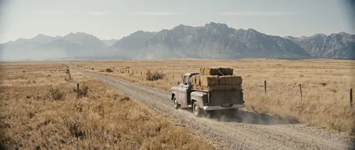 Vintage Truck With Hay On Prairie Road