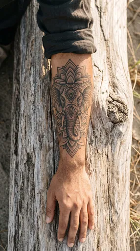 Elephant Mandala Forearm Tattoo on Driftwood