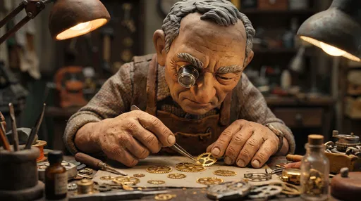 Plasticine Watchmaker Examining Gold Gears