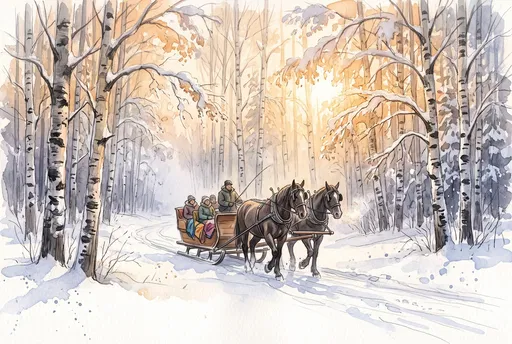 Watercolor Horse Sleigh in Winter Birch Forest